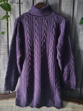 Vintage The Bay Purple Cable Knit Turtleneck 100% Cotton Sweater Retro Top M